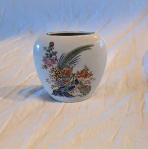 2/40$ Vintage Japan White Ceramic Vase with Multicolor Floral & Bird Motif